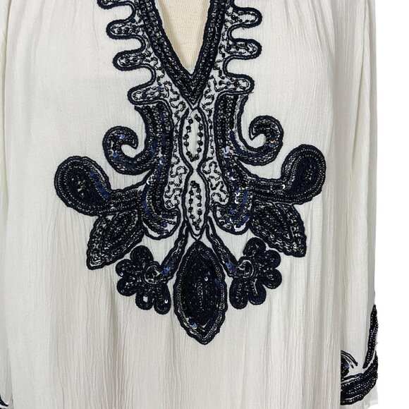 Chicos White Gauze 3/4 Sleeve V-Neck Lined Navy Beaded Embellished Tunic 16/18 - Picture 4 of 14